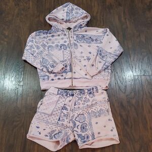J. Crew Pink Hoodie and Short with Blue Paisley and Gold Zipper Matching Set